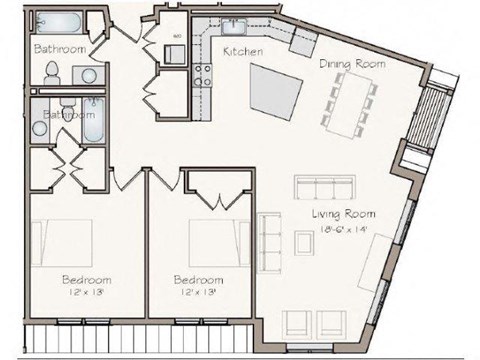 Floor plan for 2 beds, 2 baths, 1266 sqft